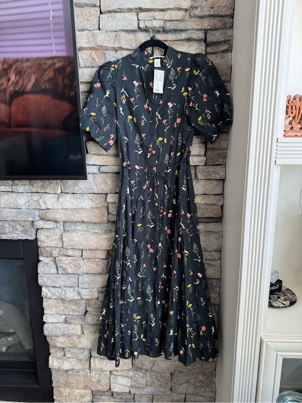 H&M Black Floral Midi Dress with Puff Sleeves and Tie Waist